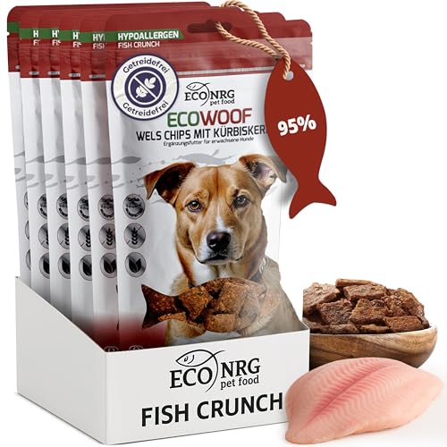 ECO WOOF Hundesnacks | 95% WELS Chips MIT KÜRBISKERNEN, Fischleckerlis, Proteinreich, Hypoallergen, Glutenfrei, Omega 3, Luftgetrocknete Snacks, Training, Nahrhaft, Zahnpflege | 6x125g von ECO NRG PET FOOD