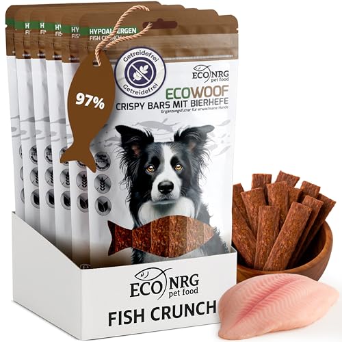 ECO WOOF Hundesnacks | 97% CRIPSY Bars MIT BIERHEFE, Proteinreich, Hypoallergen, Glutenfrei, Omega 3, Luftgetrocknete Snacks aus Rohfisch - Training, Nahrhaft, Zahnpflege | 6x125g ECO WOOF Hundesnacks | 97% CRIPSY Bars MIT BIERHEFE, Proteinreich, Hypoallergen, Glutenfrei, Omega 3, Luftgetrocknete Snacks aus Rohfisch - Training, Nahrhaft, Zahnpflege | 6x125g von ECO NRG PET FOOD