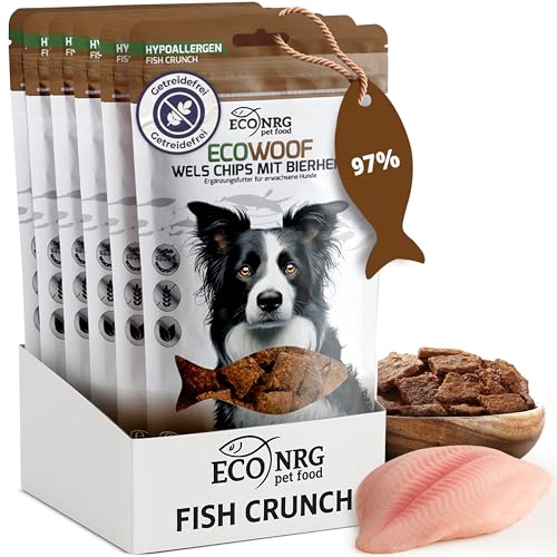 ECO WOOF Hundesnacks | 97% WELS Chips MIT BIERHEFE, Proteinreich, Hypoallergen, Glutenfrei, Omega 3, Schonend getrocknet aus Rohfisch, Training, Nahrhaft, Zahnpflege | 6x125g von ECO NRG PET FOOD