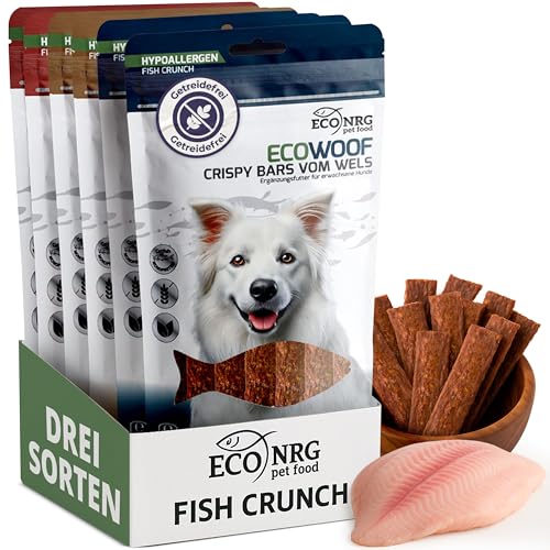 ECO WOOF Hundesnacks Mix | Crispy Bars VOM WELS Trio | 2X Pur, 2X Kürbiskern & 2X Bierhefe | Fischleckerlis, Proteinreich, Hypoallergen, Glutenfrei, Omega 3, Training, Nahrhaft, Zahnpflege | 6x125g ECO WOOF Hundesnacks Mix | Crispy Bars VOM WELS Trio | 2X Pur, 2X Kürbiskern & 2X Bierhefe | Fischleckerlis, Proteinreich, Hypoallergen, Glutenfrei, Omega 3, Training, Nahrhaft, Zahnpflege | 6x125g von ECO NRG PET FOOD
