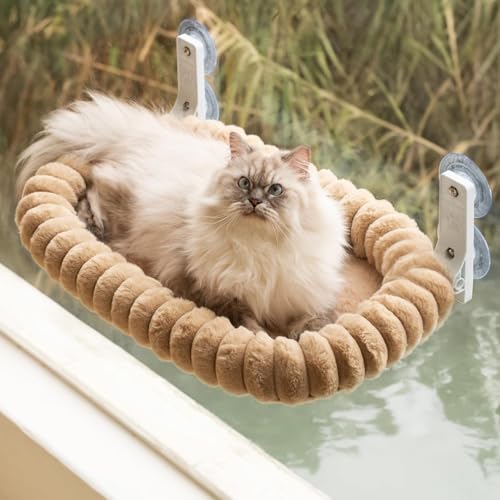 EDAGNY Katzen Fensterliege Katzen Hängematte Weich mit Abnehmbarem Wendebezug - Katzen Hängematte Fenster mit Stabiles Stahlgestell Katzenbett mit 4 Starken Saugnäpfen Halt bis 18kg (Braun, M) von EDAGNY