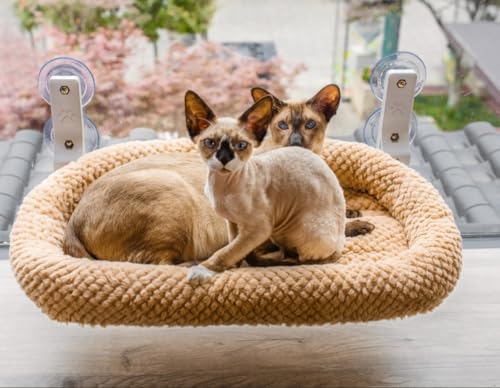EDAGNY Stilvolle Katzen Hängematte Fenster Faltbar – Plüsch Katzen Fensterliege aus mit Abnehmbarem Dickem Bezug, Stabiles Stahlgestell mit 4 Saugnäpfe halten bis zu 18kg (Braun, M-mit Matte) von EDAGNY