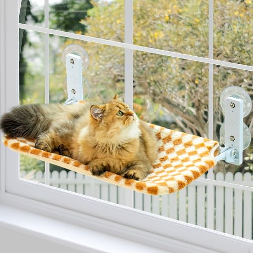 Faltbare Katzen Fensterhängematte zum Sonnen und Beobachten – fensterliege für Katzen mit wendbarem Bezug, Starke Saugnäpfe bis zu 18 kg (Brown, M) von EDAGNY