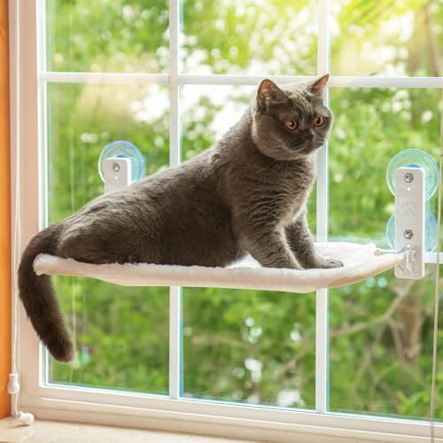 Faltbare Katzen Fensterhängematte zum Sonnen und Beobachten – fensterliege für Katzen mit wendbarem Bezug, Starke Saugnäpfe bis zu 18 kg (White, M) von EDAGNY