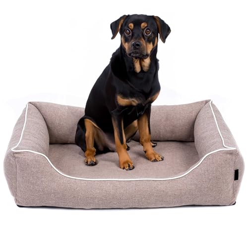 EDANTI Hundebett Demontierbar Hundekissen, Hundekorb, Hundesofa, Hundecouch, Matte, Orthopädische (Beige, Weiß Paspel, S) von EDANTI