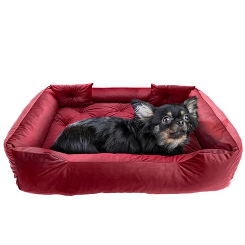 EDANTI Hundebett Hundekissen Hundekorb Katzenbett Velourshundebett Wasserdichtes Hundesofa Für Kleine Mittelgroße & Große Hunde Dog Bed (Rot, 70x60 cm) von EDANTI