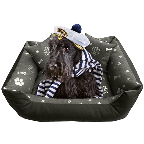 EDANTI Hundebett Hundekissen Hundekorb Katzenbett Wasserdichtes Hundesofa Für Kleine Mittelgroße & Große Hunde Dog Bed Mit Kissen (Grau mit silbernen Knochen, 75x65) von EDANTI