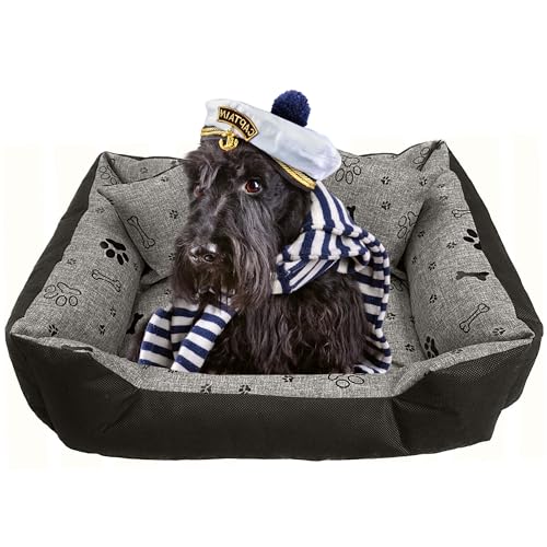 EDANTI Hundebett Hundekissen Hundekorb Katzenbett Wasserdichtes Hundesofa Für Kleine Mittelgroße & Große Hunde Dog Bed Mit Kissen (Hellgrau mit schwarzen Knochen, 100x75 cm) von EDANTI