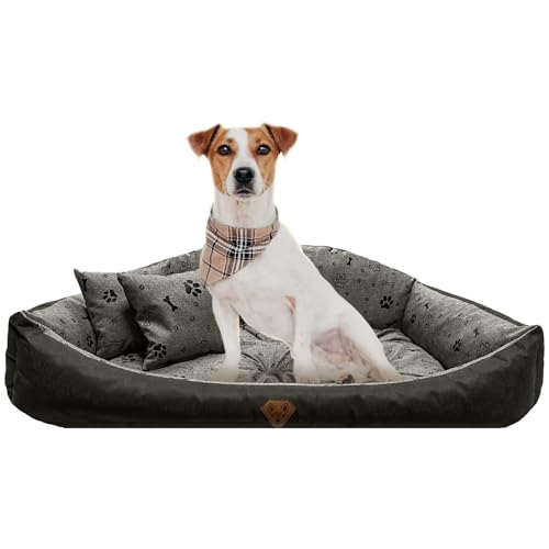 EDANTI Hundebett Hundekissen Hundekorb Modell Shell Muschel Katzenbett Wasserdichtes Hundesofa Für Kleine Mittelgroße & Große Hunde Dog Bed (Hellgrau mit schwarzem Knochen, 75x65 cm) von EDANTI