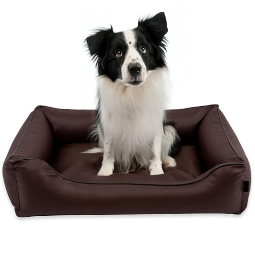 EDANTI Hundebett Wasserdicht Demontierbar, Leder, Hundekissen, Hundekorb, Hundesofa, Hundecouch, Sofa, Matte, Comfort (Braun, Schwarz Paspel, XL) von EDANTI