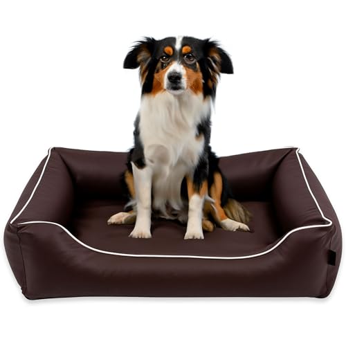 EDANTI Hundebett Wasserdicht Demontierbar, Leder, Hundekissen, Hundekorb, Hundesofa, Hundecouch, Sofa, Matte, Comfort (Braun, Weiß Paspel, XL) von EDANTI