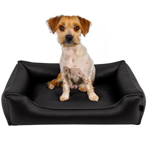 EDANTI Hundebett Wasserdicht Demontierbar, Leder, Hundekissen, Hundekorb, Hundesofa, Hundecouch, Sofa, Matte, Comfort (Schwarz, Schwarz Paspel, S) von EDANTI