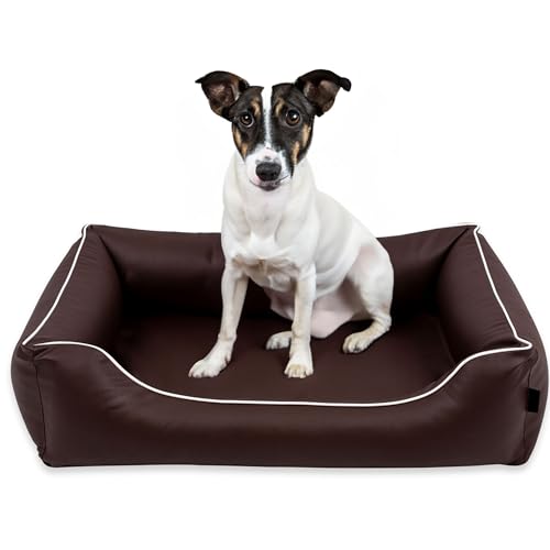 EDANTI Hundebett Wasserdicht Demontierbar, Leder, Hundekissen, Hundekorb, Hundesofa, Hundecouch, Sofa, Matte, Orthopädische (Braun, Weiß Paspel, XL) von EDANTI