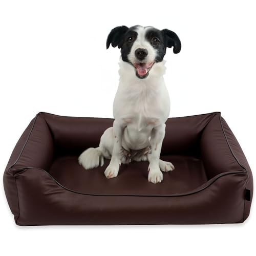 EDANTI Hundebett Wasserdicht Demontierbar, Leder, Hundekissen, Hundekorb, Hundesofa, Hundecouch, Sofa, Matte, Standard (Braun, Schwarz Paspel, XL) von EDANTI