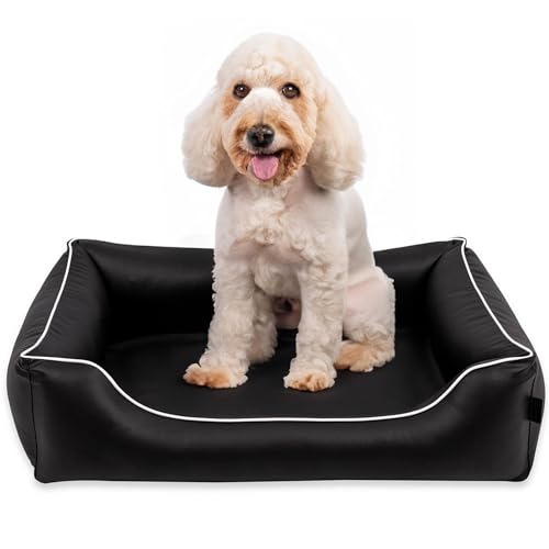 EDANTI Hundebett Wasserdicht Demontierbar, Leder, Hundekissen, Hundekorb, Hundesofa, Hundecouch, Sofa, Matte, Standard (Schwarz, Weiß Paspel, M) von EDANTI