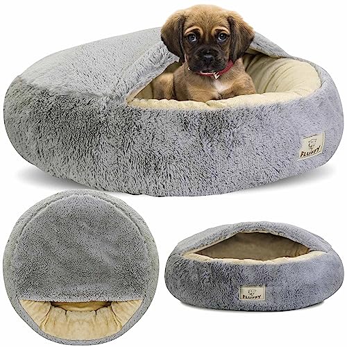 EDANTI Zotteliges Donut Hundebett Katzebett Hundekissen Hundesofa mit Baldachin Rund Hellgrau (60 cm) von EDANTI