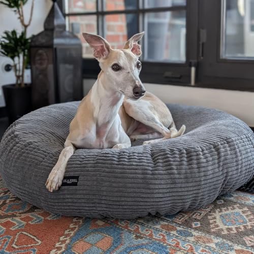 EDEL&SCHNELL orthopädisches Hundebett mit waschbarem Bezug, rundes Hundekissen in Dunkelgrau mit Cord Bezug in Dunkelgrau, Durchmesser 125 cm von EDEL&SCHNELL