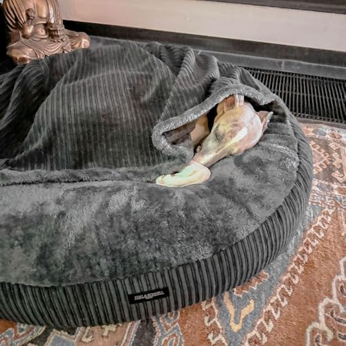 EDEL&SCHNELL orthopädisches Hundebett handgefertigt mit waschbarem Bezug, Whippet Greyhound Galgo rundes Hundekissen mit kuscheligem Bezug (65 mit Bezug Cord dunkelgrau mit Deckel) von EDEL&SCHNELL
