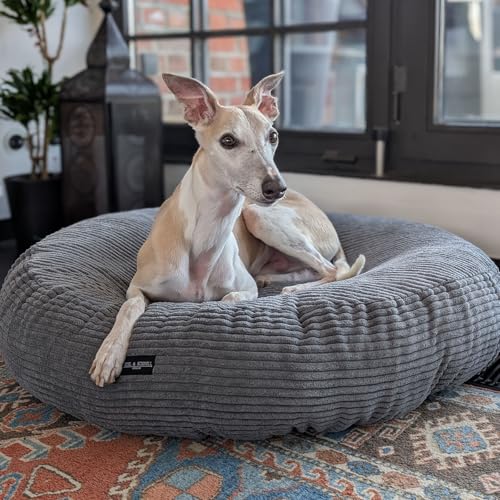 EDEL&SCHNELL orthopädisches Hundebett mit waschbarem Bezug, rundes Hundekissen in Sand mit Cord Bezug in Dunkelgrau, Durchmesser 90 cm von EDEL&SCHNELL