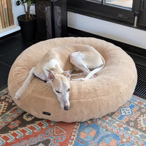 EDEL&SCHNELL orthopädisches Hundebett mit waschbarem Bezug, für Whippet Greyhound Galgo und Co, rundes Hundekissen in Sand mit Kunstfell Bezug in Beige, Durchmesser 90 cm von EDEL&SCHNELL