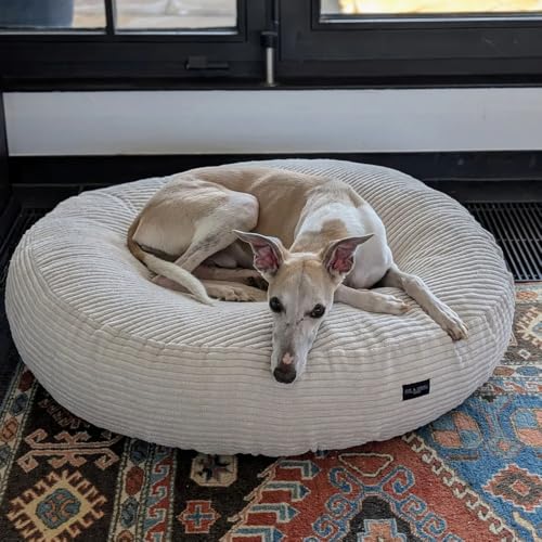 EDEL&SCHNELL orthopädisches Hundebett mit waschbarem Bezug handgefertigt, Whippets, Windhunde, Ridgeback Viszla und Co. rundes Hundekissen mit kuscheligem Bezug (125 mit Bezug Cord beige) von EDEL&SCHNELL