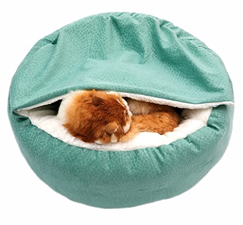 EEYZD Plüsch-Hunde- und Katzenbett mit Kapuzedecke für Wärme und Sicherheit – maschinenwaschbar, wasser-/schmutzabweisender Boden, für kleine, mittelgroße und große Hunde, grün, 50 cm von EEYZD