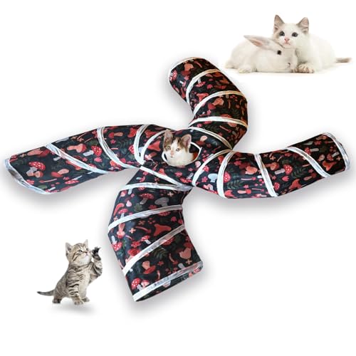 EGETOTA Katzentunnel für Indoor-Katzen, groß, mit Spielball, S-Form, 5-Wege-zusammenklappbar, interaktives Guckloch, Haustier-Schlauchspielzeug, Welpen, Kätzchen, Kaninchen (S4 - Pilz) von EGETOTA