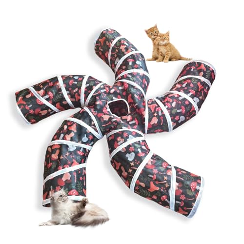 EGETOTA Katzentunnel für Indoor-Katzen, groß, mit Spielball, S-Form, 5-Wege-zusammenklappbar, interaktives Guckloch, Haustier-Schlauchspielzeug, Welpen, Kätzchen, Kaninchen (S5 - Pilz) von EGETOTA