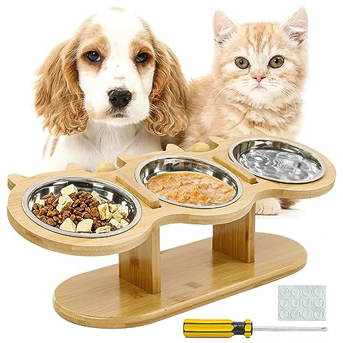 Futterstation Katzen - Verstellbare Holz-Katzennapf-Station mit 3er Katzennapf Set - Praktisches Katzen Näpfe Futterbar für Katzen & kleine Hunde von EGGUITAR