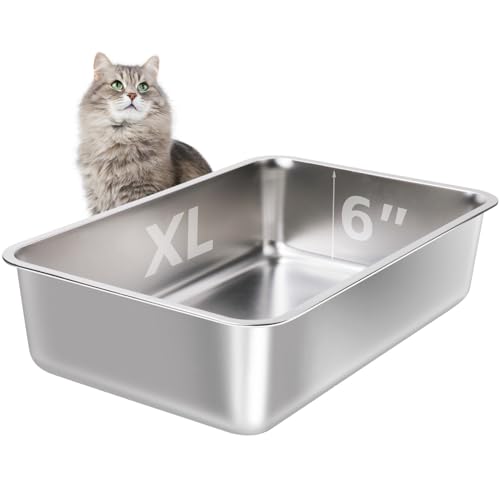 EGMEHOAD Katzentoilette aus Edelstahl, XL, extra groß für große Katzen, hochseitiges Metall, kein Geruch, antihaftbeschichtet, leicht zu reinigen, geruchsdicht, für drinnen und draußen von EGMEHOAD