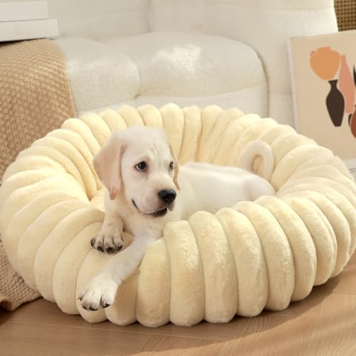 Beruhigendes Hundebett Für Kleine Mittelgroße Hunde - Donut Waschbares Haustierbett, Rutschfeste Runde Flauschige Plüsch-Imitation Pelz Großes Katzenbett(Size:70CM/27.5IN,Color:Beige) von EHANGSIFT