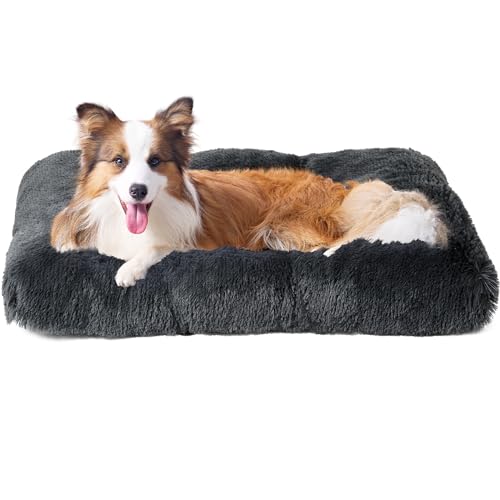 EHEYCIGA Flauschig Hundebett Mittelgroße Hunde, Hundekissen Grosse Hunde Waschbar, Kuschelig rutschfest Hundematte mit Langem Plüsch, Dunkel Grau, 90x60cm von EHEYCIGA