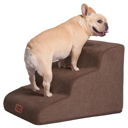 EHEYCIGA Hundetreppe für Kleine Hunde 40 cm Hoch, Haustiertreppe für Sofa Bett, Treppe für Hunde aus Hochdichtem Schwamm, Hunderampe mit Waschbarem Bezug und Rutschfestem Boden, 3 Stufen, Braun von EHEYCIGA