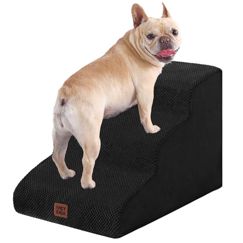 EHEYCIGA Hundetreppe für Kleine Hunde 40 cm Hoch, Haustiertreppe für Sofa Bett, Treppe für Hunde aus Hochdichtem Schwamm, Hunderampe mit Waschbarem Bezug und Rutschfestem Boden, 3 Stufen, Schwarz von EHEYCIGA