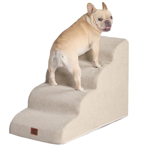 EHEYCIGA Hundetreppe für Kleine Hunde 50 cm Hoch, Haustiertreppe für Sofa Bett, Treppe für Hunde aus Hochdichtem Schwamm, Hunderampe mit Waschbarem Bezug und Rutschfestem Boden, 4 Stufen, Beige von EHEYCIGA