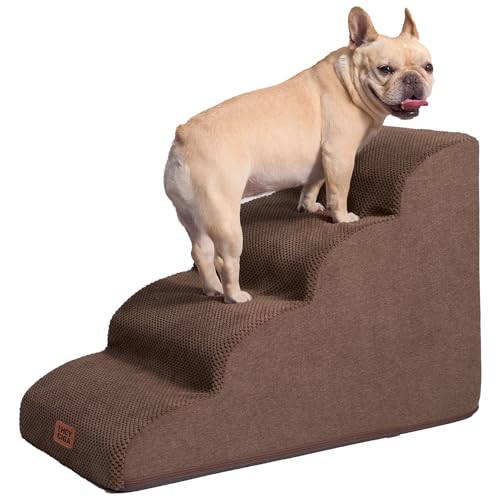 EHEYCIGA Hundetreppe für Kleine Hunde 50 cm Hoch, Haustiertreppe für Sofa Bett, Treppe für Hunde aus Hochdichtem Schwamm, Hunderampe mit Waschbarem Bezug und Rutschfestem Boden, 4 Stufen, Braun von EHEYCIGA