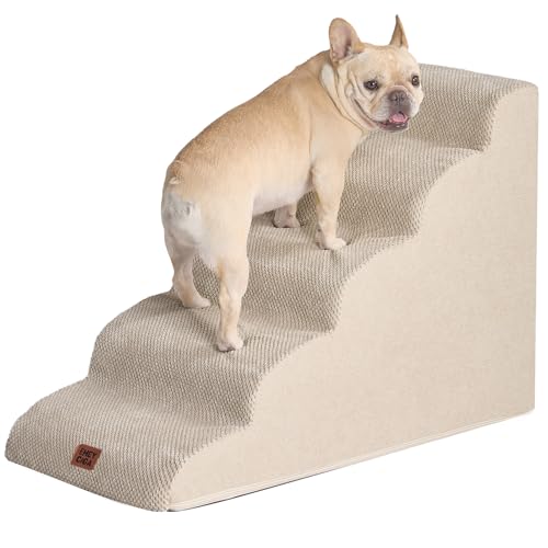 EHEYCIGA Hundetreppe für Kleine Hunde 57 cm Hoch, Haustiertreppe für Sofa Bett, Treppe für Hunde aus Hochdichtem Schwamm, Hunderampe mit Waschbarem Bezug und Rutschfestem Boden, 5 Stufen, Beige von EHEYCIGA