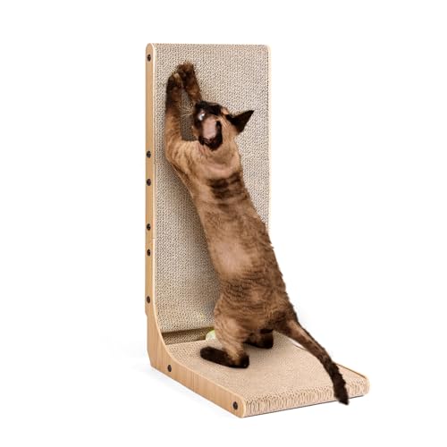 EHEYCIGA Kratzbrett Katze, 68 cm Hohe L Förmige Kratzpappe für Katzen, Hochdichtes Verschleißfestes Kratzmöbel mit Katzenspielzeug, Katzenkratzbrett für Wand und Ecke, Groß von EHEYCIGA