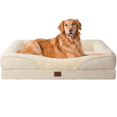 EHEYCIGA Orthopädisches Hundebett Grosse Hunde, Memory Foam Waschbar und Wasserdicht Hundekorb mit 4 Rändern, Hundesofa Hundecouch rutschfest, Beige, 106.5x76x18.5 cm von EHEYCIGA