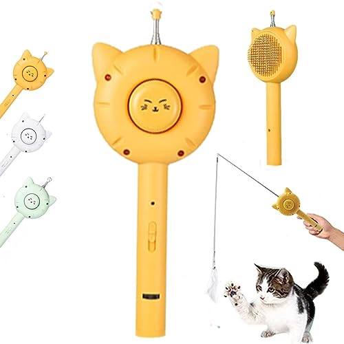 EHOTER 5 in 1 Katzenbürste mit Einziehbarer Katzen Teaser Stick Federglocke Katze Spielzeug Haustierbürste für Langhaar Kurzhaar EIN klick Reinigung Hundebürste Unterwollbürste (Gelb) von EHOTER