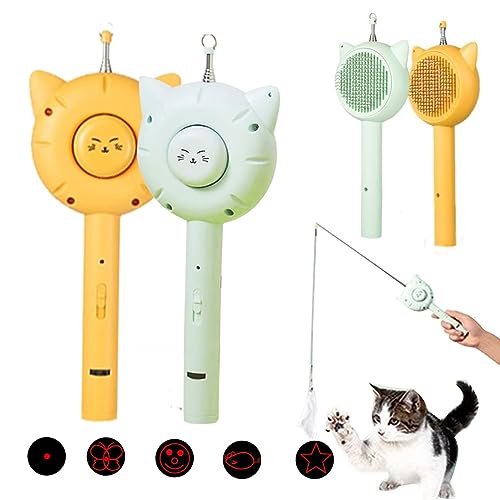 EHOTER 5 in 1 Katzenbürste mit Einziehbarer Katzen Teaser Stick Federglocke Katze Spielzeug Haustierbürste für Langhaar Kurzhaar EIN klick Reinigung Hundebürste Unterwollbürste (Gelb+Grün) von EHOTER