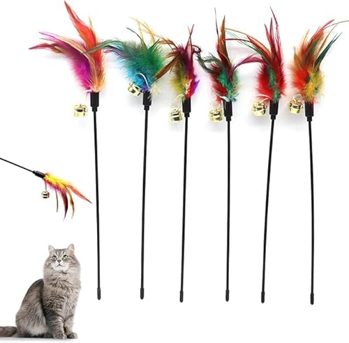 EHOTER 6 Stück Katzenfederstab-Spielzeug, Katzenfarbe variiert Feder-Teaser Übungsstab, Bunte Federn, Glockenspielzeug für Katzen und Kätzchen von EHOTER