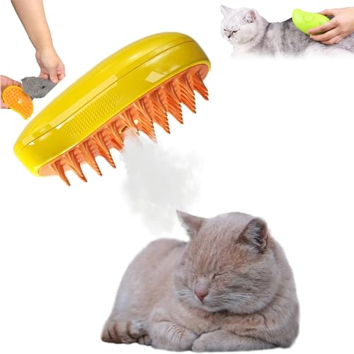 EHOTER Cat Steamy Brush 3-In-1-Dampfbürste für Katzen Spray-Dampf Katzenhaarbürste Selbstreinigend Hund Haustier Massage Zupfbürste für Langhaar Kurzhaar gegen Verfilzung Geschenk (Gelb) von EHOTER