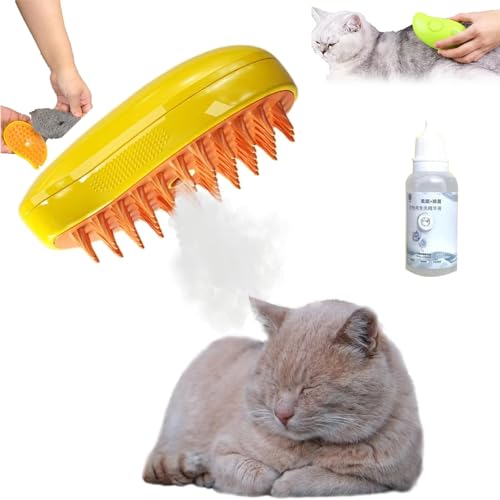 EHOTER Cat Steamy Brush 3-In-1-Dampfbürste für Katzen Spray-Dampf Katzenhaarbürste Selbstreinigend Hund Haustier Massage Zupfbürste für Langhaar Kurzhaar gegen Verfilzung Geschenk (Gelb+Essence) von EHOTER