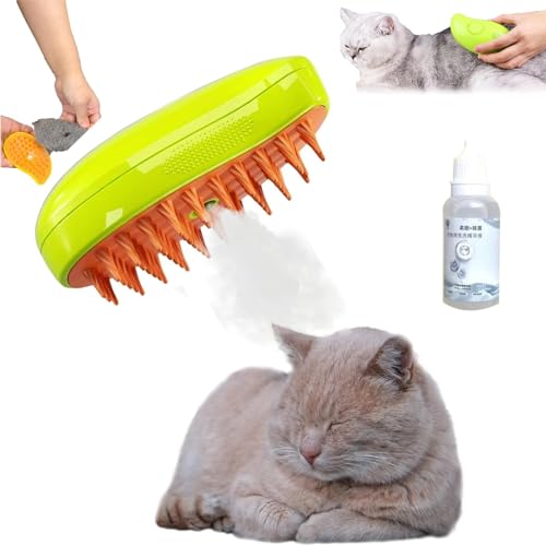 EHOTER Cat Steamy Brush 3-In-1-Dampfbürste für Katzen Spray-Dampf Katzenhaarbürste Selbstreinigend Hund Haustier Massage Zupfbürste für Langhaar Kurzhaar gegen Verfilzung Geschenk (Grün+essenz) von EHOTER