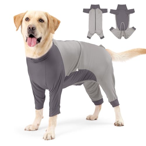 EHOTER Hunde-Operationsanzug, Einteiler für weibliche und männliche Hunde, medizinisches Haustier-Shirt, Anti-Lecken, verstellbar, verhindert Haarausfall, Patchwork (Grau, M) von EHOTER