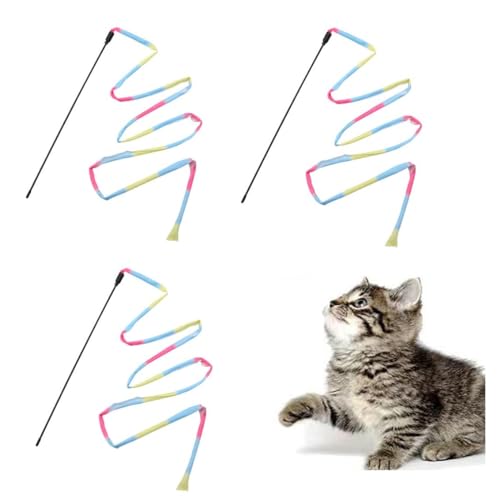 EHOTER Katzen-Regenbogen-Zauberstab, Spielzeug, interaktiver Zauberstab, Regenbogenband, interaktiver Fangstab, Spielzeug für Kätzchen, Katzen-Trainer, Spielen (3 Stück) von EHOTER