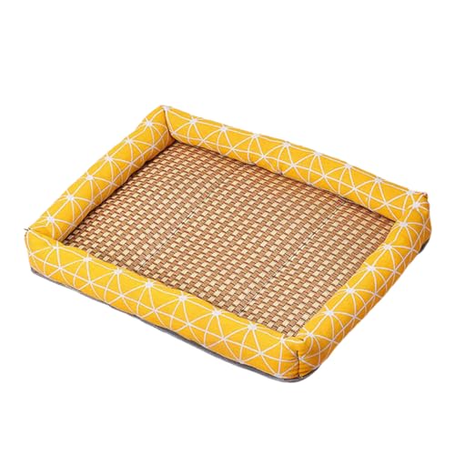 EHOTER Kühlendes Rattan-Haustierbett, kühlendes Bett für Haustiere, mit hitzebeständigem Rattan, gewebt, atmungsaktiv, quadratisch, waschbar, mit Rand für Hunde, Katzen (gelbes Quadratisch, 40 x 50 cm von EHOTER