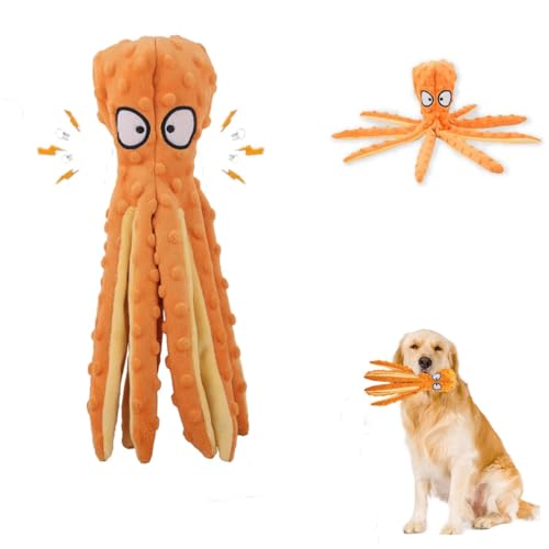 EHOTER Quietschendes Hundespielzeug, Oktopus-Spielzeug für aggressive Kauer, robust, keine Füllung, Plüsch, große Hunde, knisternd, interaktiv, Welpen, kleine, mittelgroße Hunde (Orange) von EHOTER