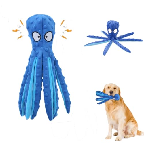 EHOTER Quietschendes Hundespielzeug, Oktopus-Spielzeug für aggressive Kauer, robust, keine Füllung, Plüsch, große Hunde, knisternd, interaktiv, Welpen, kleine, mittelgroße Hunde (blau) von EHOTER